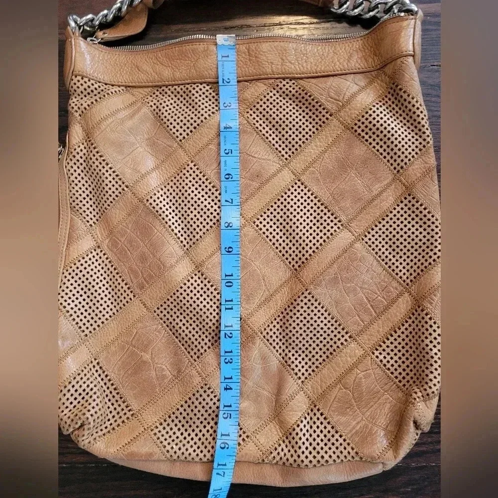 B. MARKOWSKY XL BOHO leather pebbled perforated Patchwork shoulder bag purse TAN